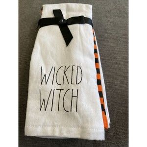 RAE DUNN Happy Halloween Trick Or Treat Black Orange Kitchen Towel Set Of 3 NWT